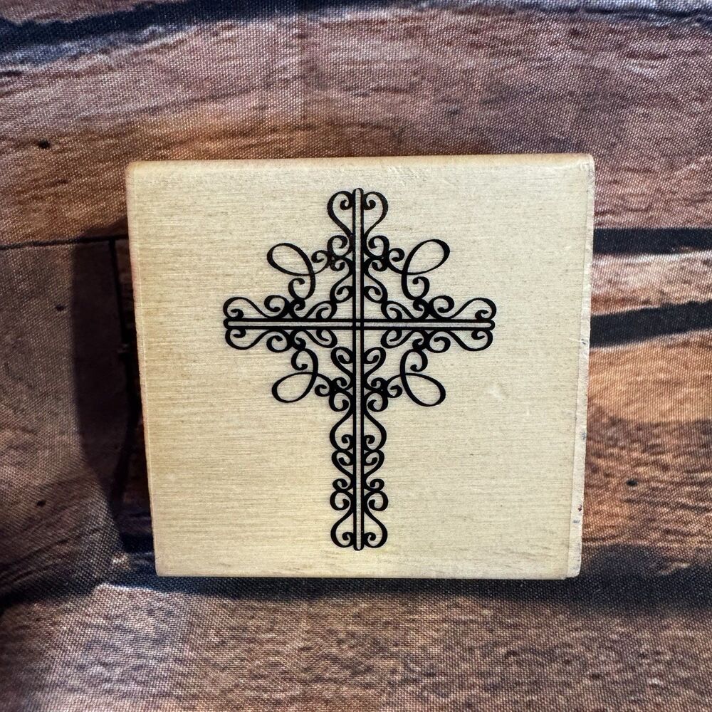 Filigree Cross Wood Mounted Rubber Stamp Ornate Christian Craft Tool Religious